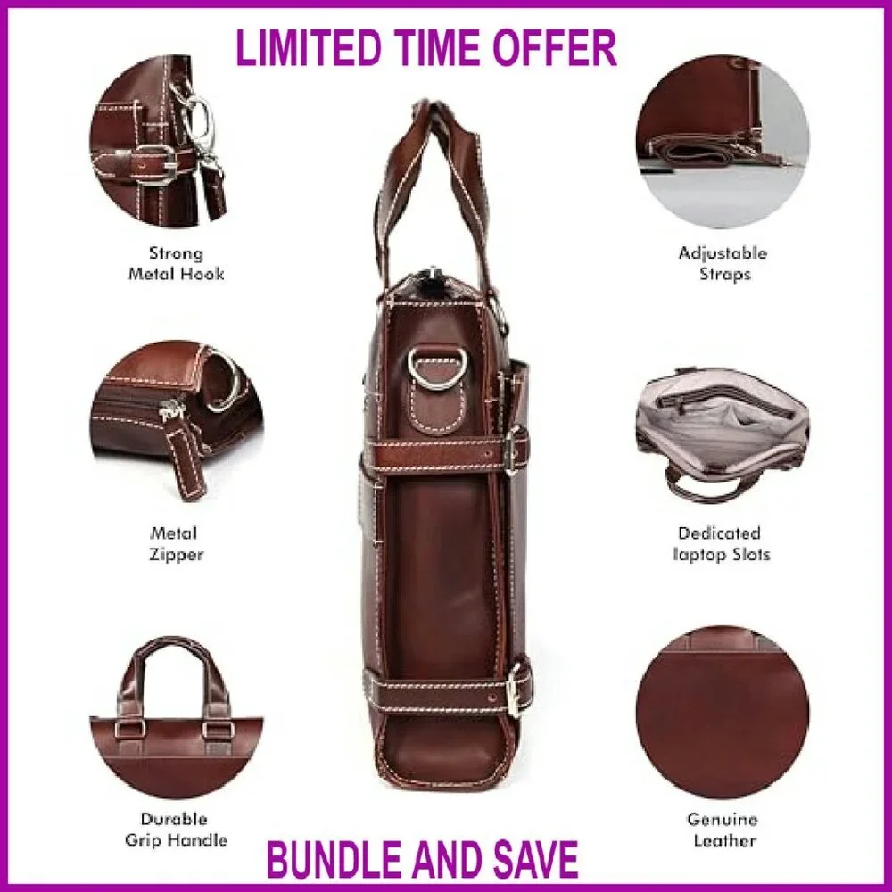 Leather Laptop Briefcase for Men, 3 Zipper Pockets, Fits 16-inch Laptop